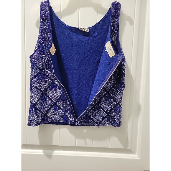 Idell Imports blue fringed beaded sequined cocktail top sleeveless wool Sz M Mod - Picture 9 of 12